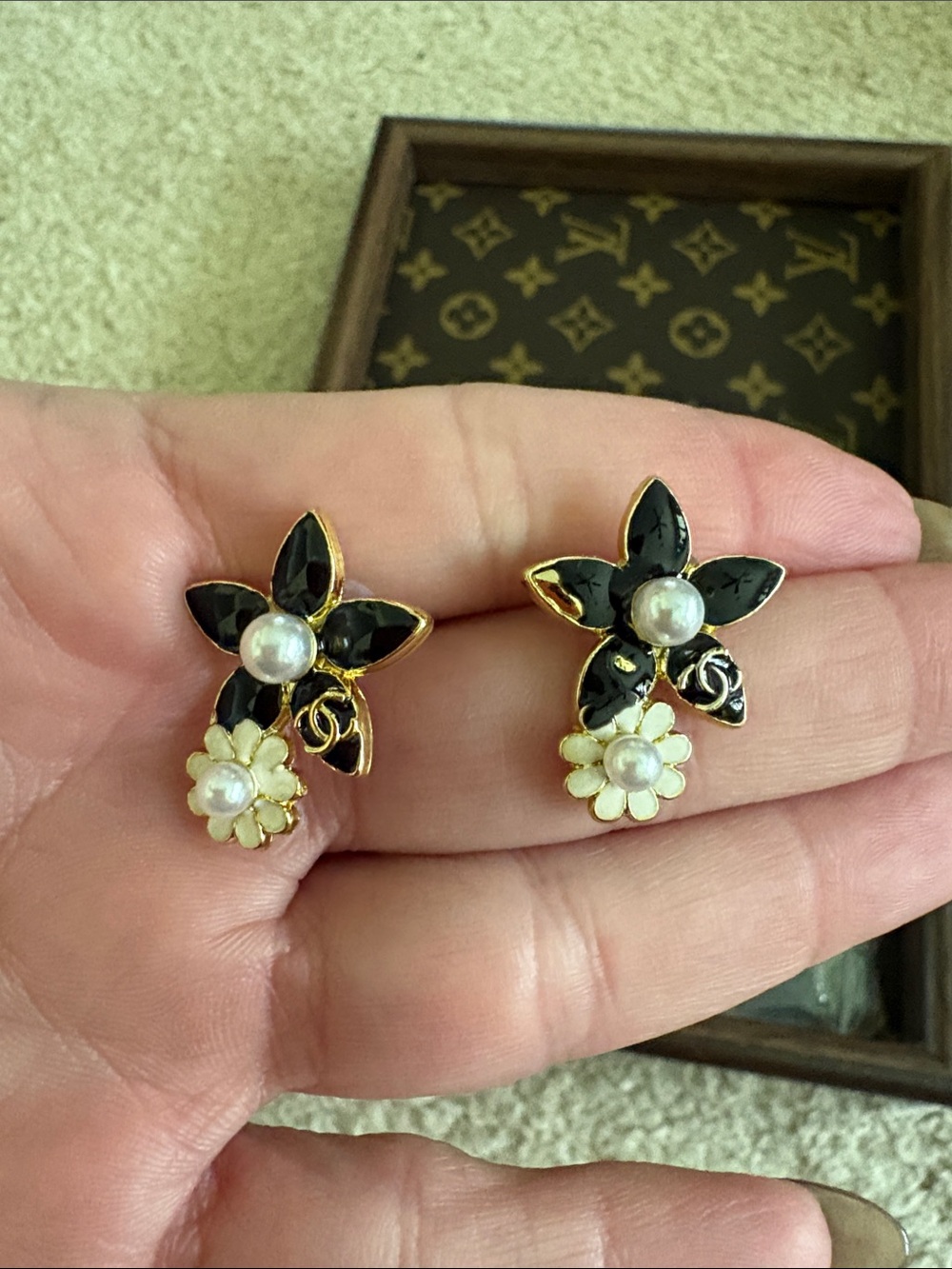 Black and Faux Pearl Floral Drop Earrings with Gold Tone Trim